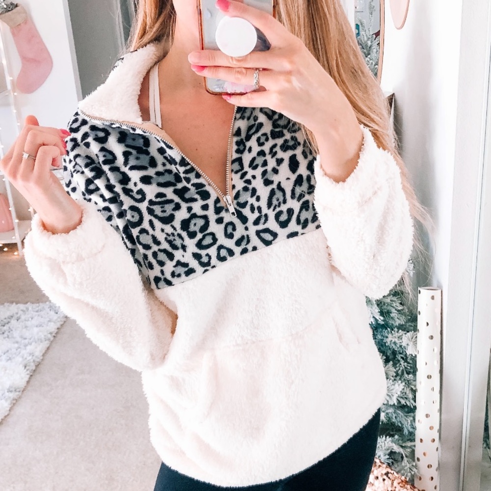 White Gray Sherpa Leopard Pullover - Picture 2 of 8